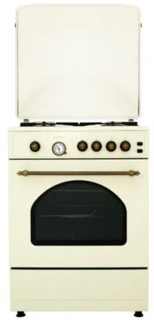 Samus Aragaz rustic SR660G4C1, 4 arzatoare, cuptor pe gaz, 55 L, gratare fonta, siguranta plita, timer analogic, aprindere electrica plita, vintage beige