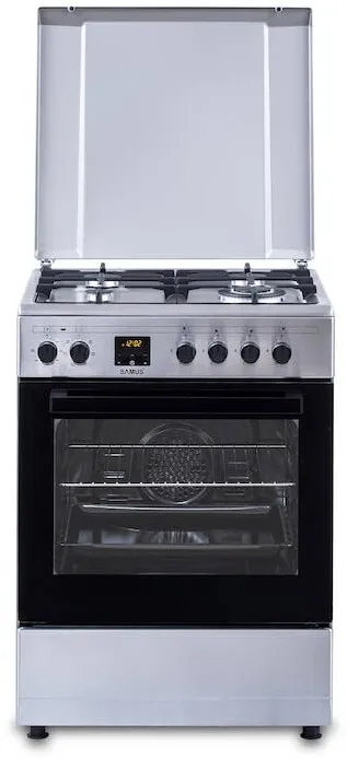 Aragaz SM663AENS1 INOX, 4 arzatoare gaz, cuptor electric, 56 L, 7 functii, Ventilator, Grill, Timer digital, Inox