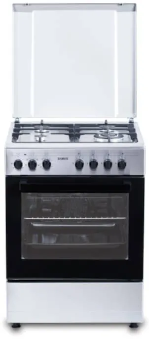Aragaz SM662AENS1 INOX, 4 arzatoare gaz( 1 arzator Wok), cuptor electric, 56 L, gratare fonta, aprindere electrica, Grill, lumina interioara, INox/laterale argintii