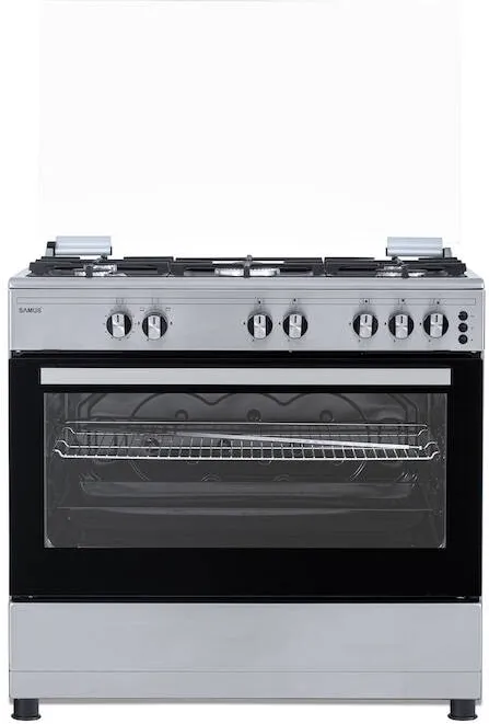 Aragaz SM950AGRXS1, 90 cm, 5 arzatoare, cuptor gaz, aprindere electrica plian si cuptor, timer mecanic, capacitate cuptor 92 L, Inox/Laterale argintii