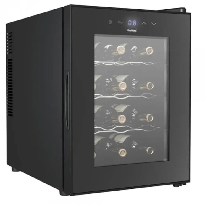 Racitor termoelectric (pentru vinuri) Samus SRV37CR12, 33 L, 12 sticle, 3 rafturi cromate, Clasa energetica E, Panou Touch Control cu afisaj electronic, Negru