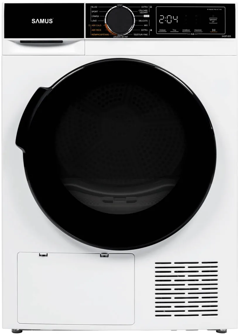 Samus Uscator de rufe SADP-835, 8 kg, Afisaj electronic, 15 programe, clasa energetica D, Anti-sifonare, Blocare acces copii, Pornire intarziata, Alb