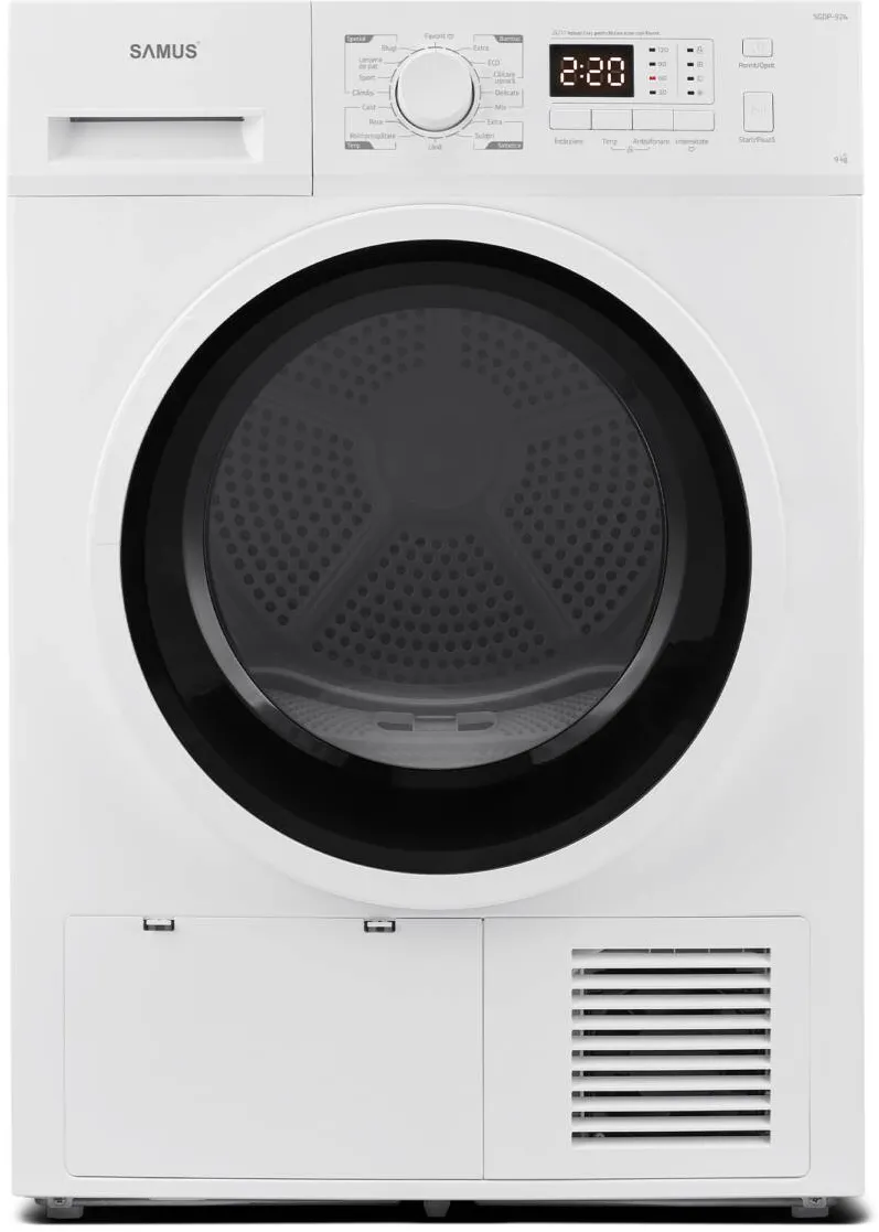 Samus Uscator de rufe SGDP-924, 9 kg, Afisaj electronic, Tip procedura uscare pompa de caldura, 16 programe, clasa energetica D, Anti-sifonare, Blocare acces copii, Pornire intarziata, Alb