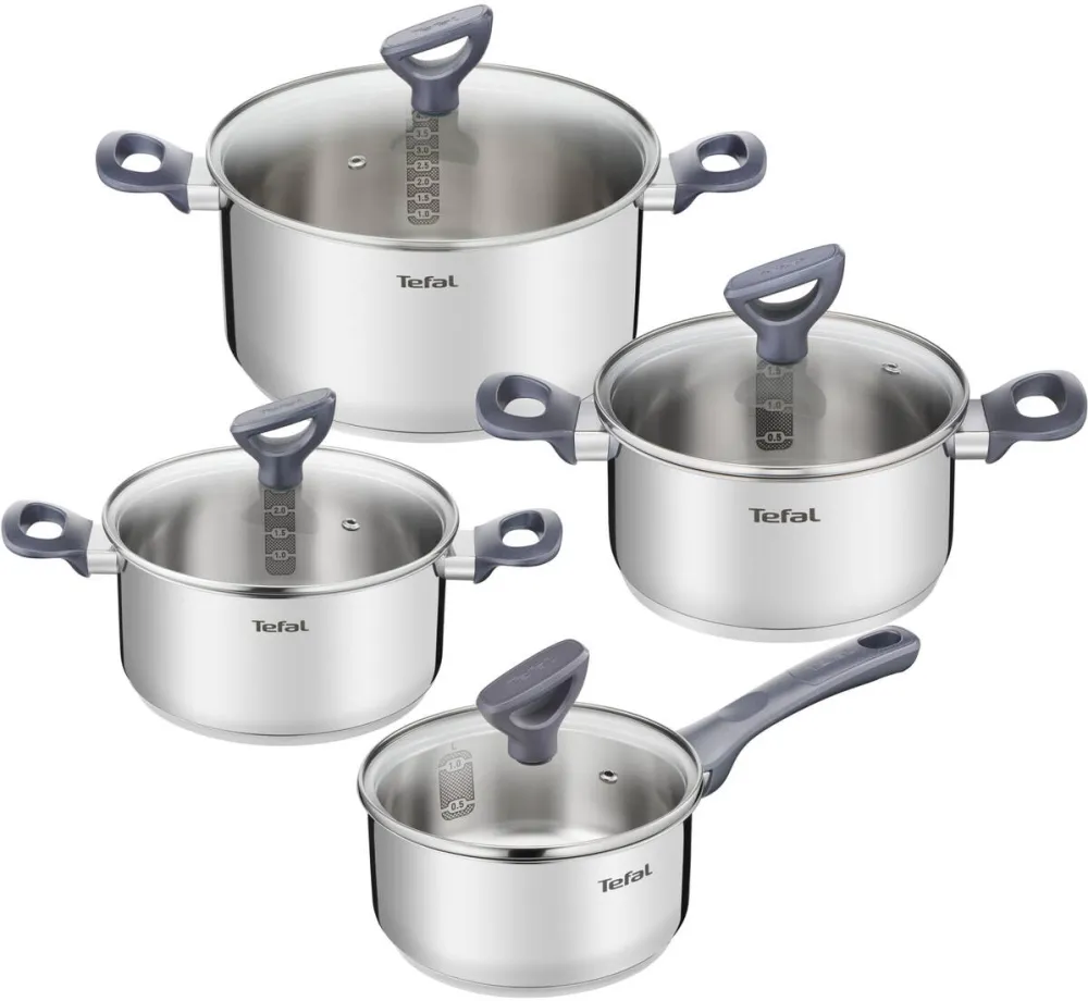 TEFAL Set 8 piese Daily Cook, inductie, cratita de 16 cm, oala de 18/20/24 cm, 4 capace de sticla cu design inteligent, manere ergonomice, interior gradat, inox premium, argintiu