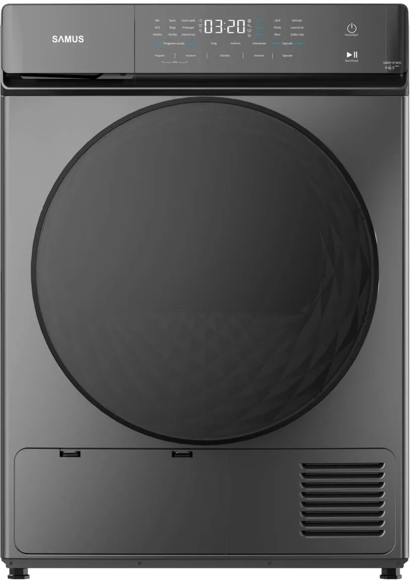 Samus Uscator de rufe SWDP-919DS, 8 kg, Tip procedura uscare: pompa de caldura. 18 programe, clasa energetica E, anti-sifonare, blocare acces copii, gri inchis