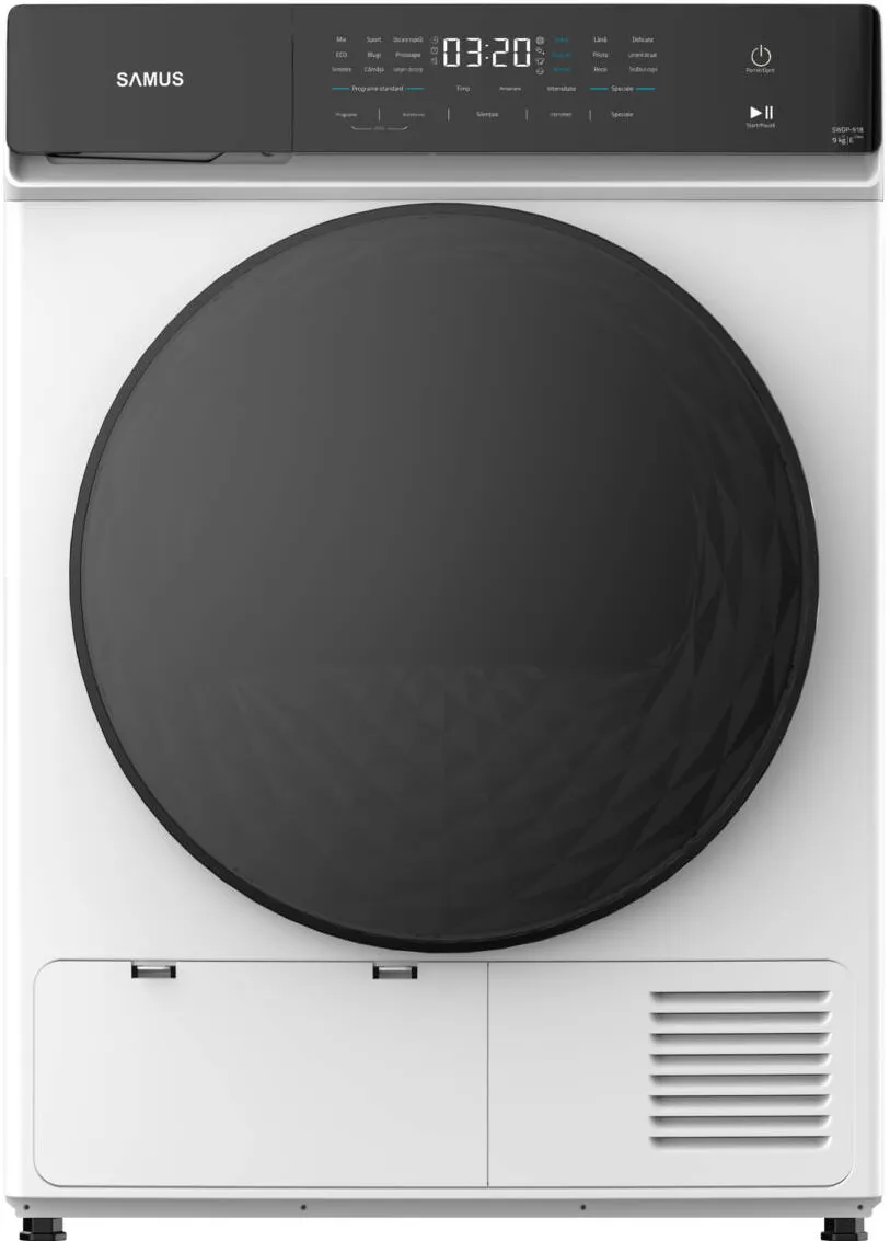Samus Uscator de rufe SWDP-918, 8 kg, Tip procedura uscare: pompa de caldura, 18 programe, clasa energetica E, anti-sifonare, blocare acces copii, Alb