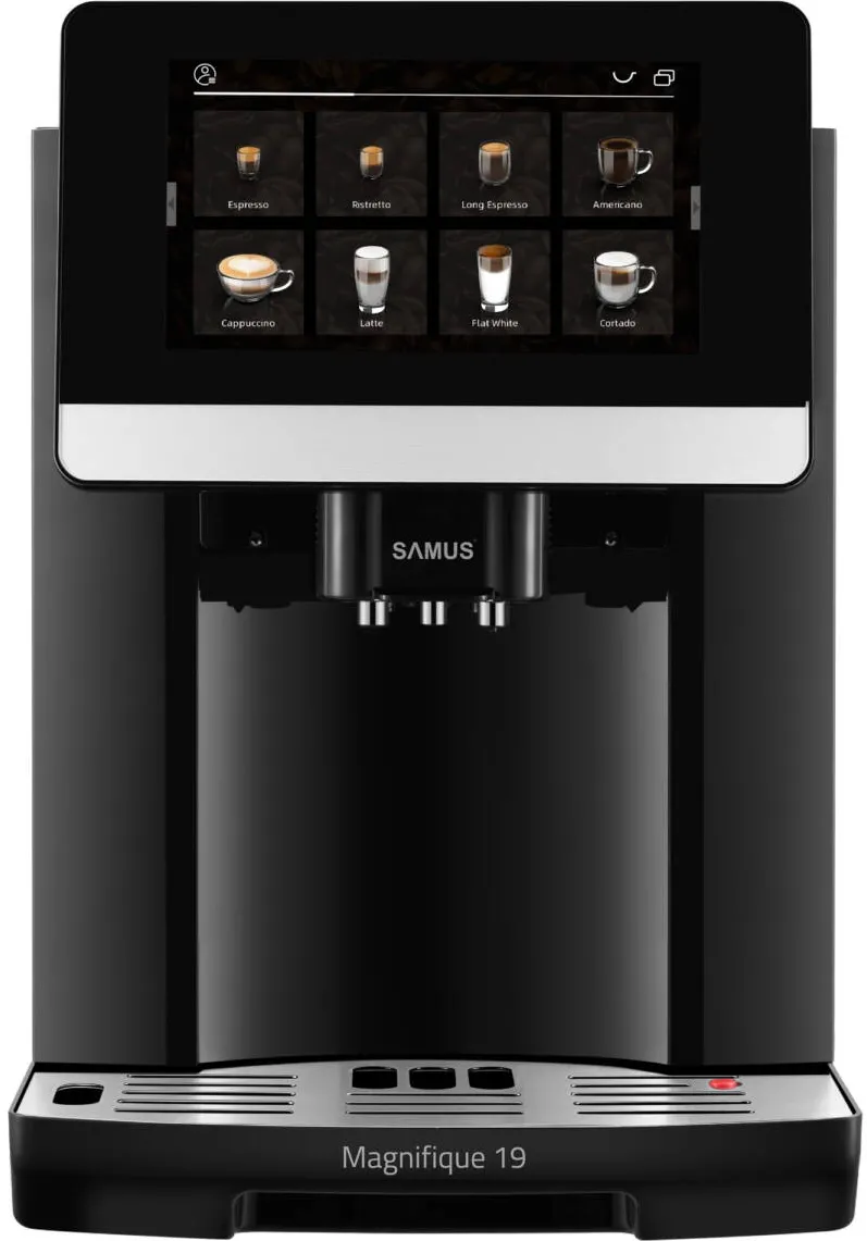 Espressor Samus automat Samus Magnifique 19, Putere 1200-1450 W, 19 bari, Rezervor apa 1.7 L, Recipient cafea boabe 250 g, 20 tipuri bauturi, Sistem extractie lapte cu furtun 25 cm, Inaltime reglabila duze cafea