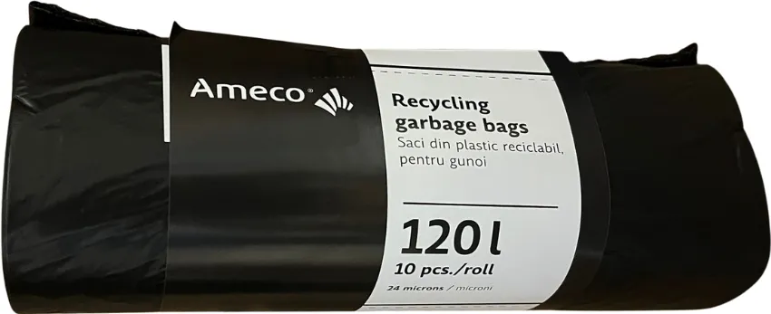 Ameco Saci plastic reciclabil, standard, 120L, 70x110cm, 24 microni, 10buc/rola, Ameco - negri