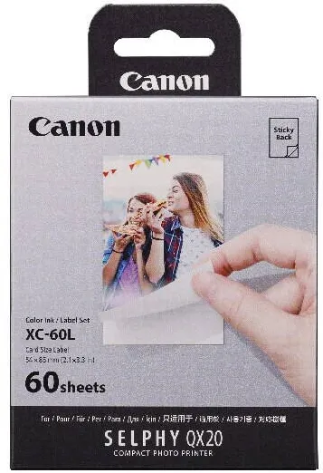 Cartus Imprimanta Canon Set hartie foto + cerneala Canon Selphy XC-60L pentru Selphy QX20, 54x85mm, 60 coli, 6756C001AA