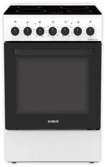 Aragaz SM668VME White, Full electric, 4 zone de gatit vitroceramice, Timer mecanic, Termostat reglabil, Capacitate cuptor: 60 L, Alb
