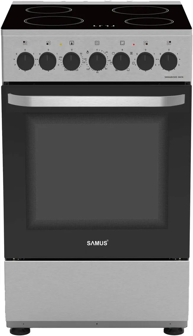 Aragaz SM668VME Inox, Full electric, 4 zone de gatit vitroceramice, Timer mecanic, Termostat reglabil, Capacitate cuptor: 60 L, Inox