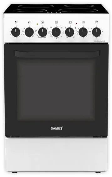 Aragaz SM568VME White, Full electric, Clasa A, 4 zone de gatit vitroceramice, 60L, 7 Functii de gatire, Alb