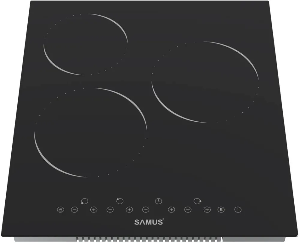 Plita Samus incorporabila vitroceramica PSVE-43BMG3, 3 Arzatoare, Latime 45 cm, Touch Control, Timer digital, Setari putere in 9 trepte, Sticla ceramica neagra mata