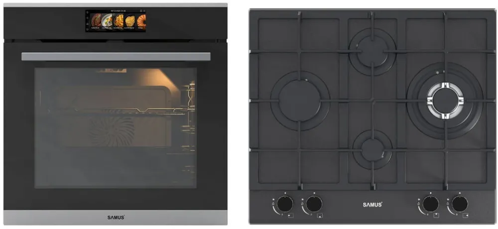 Samus Pachet Set Cuptor incorporabil SAMUS-ONL53 SC634GDT15H cu Plita PSG-64SMGN2, Sticla neagra, 74l, 4 arzatoare, Dimensiuni cuptor 595x568x595mm, Dimensiuni plita 580x500x100mm