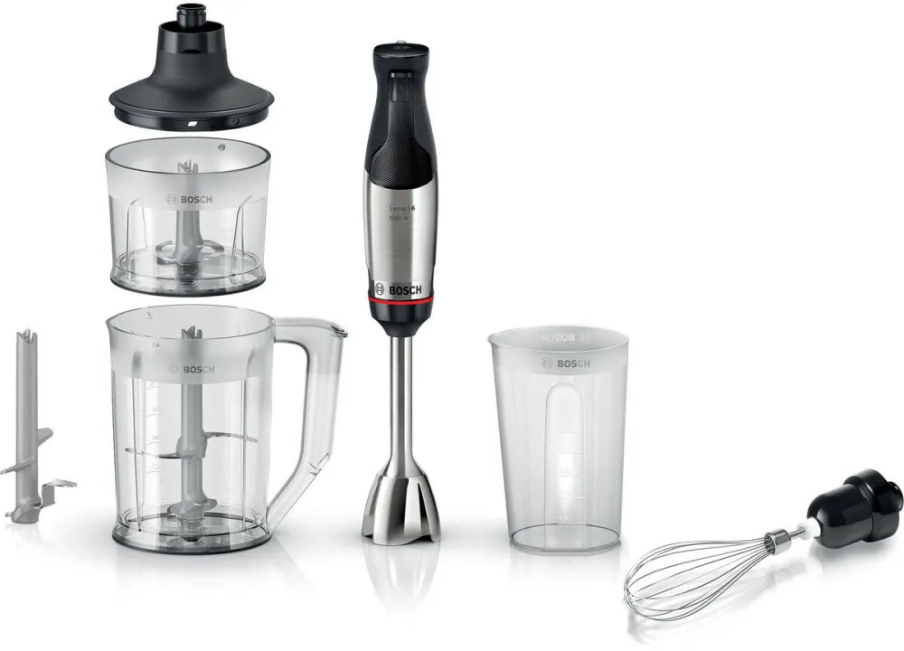 BOSCH Mixer vertical ErgoMaster MSM6M652, 1000W, cutit 4 lame si functie antisplash, picior mixare otel inoxidabil, tel din otel inoxidabil, pahar masurare, aparat de maruntit, Argintiu
