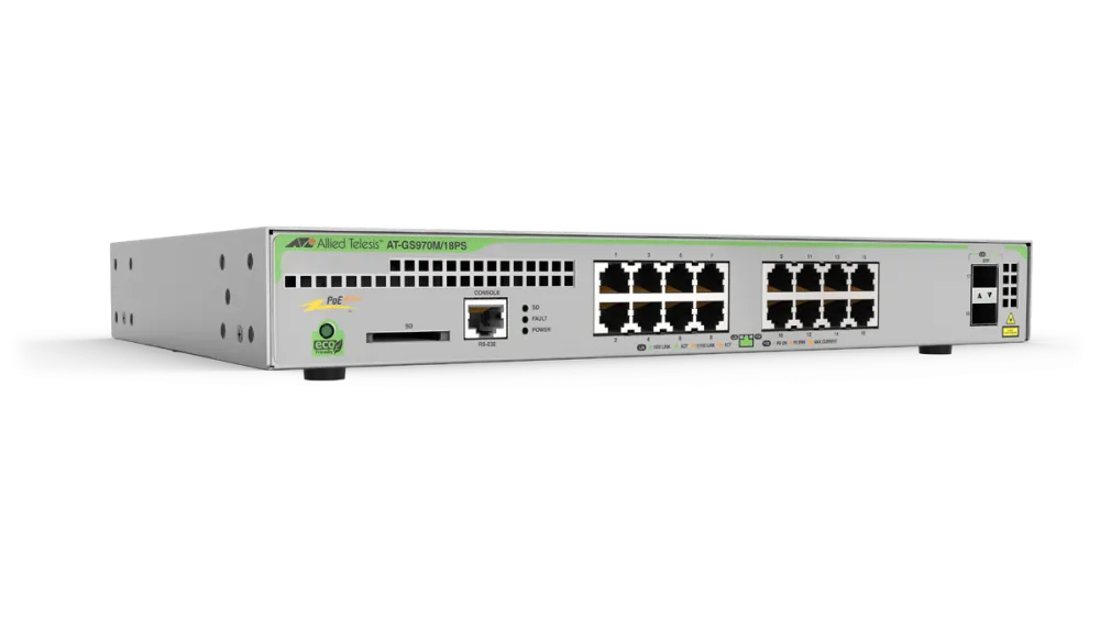 Switch ALLIED TELESIS 16x 10/100/1000T POE+ ports 2x combo ports 247W POE capacity Fixed one AC power supply EU Power Cord