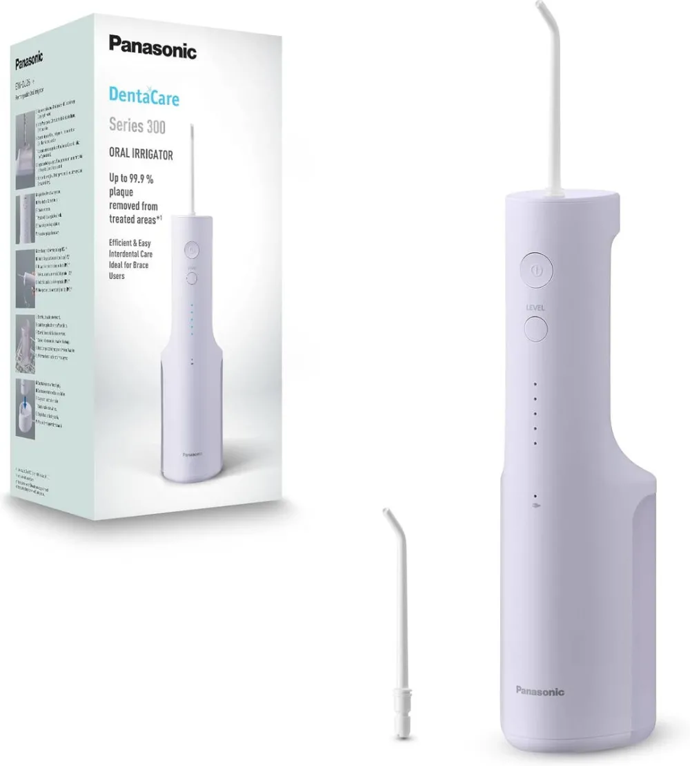 Panasonic Irigator bucal Panasonic EW-DJ26-A303, aprox. 590kPa presiune apa, 5 trepte de presiune, portabil, 2duze incluse, Capacitate rezervor 200ml
