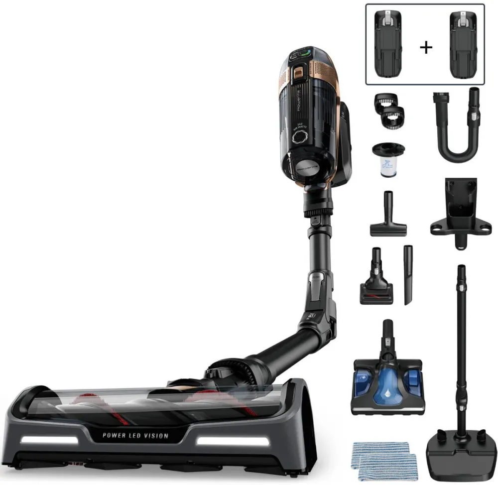 Aspirator ROWENTA Aspirator vertical fara fir Rowenta X-Force Flex 15.60 RH99G3WO cu mop, 550W, 32.4V, 2 baterii cu autonomie de cate 80 min, filtrare 99.9%, recipient praf 0.9 L, tub flexibil, perie cu LED, panou digital, statie incarcare cu suport
