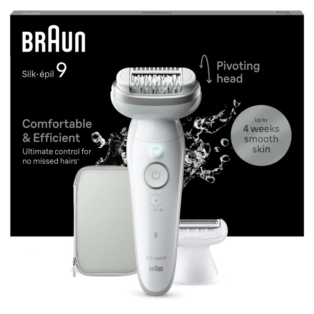BRAUN Epilator Silk-épil 9 9-241 Wet & Dry, MicroGrip, Smart Light, 2 viteze, 40 pensete, Trimmer bikini + accesorii, Cap de ras + Pieptene, 1 capac pentru contactul cu pielea, Geanta de voiaj, Alb/Gri