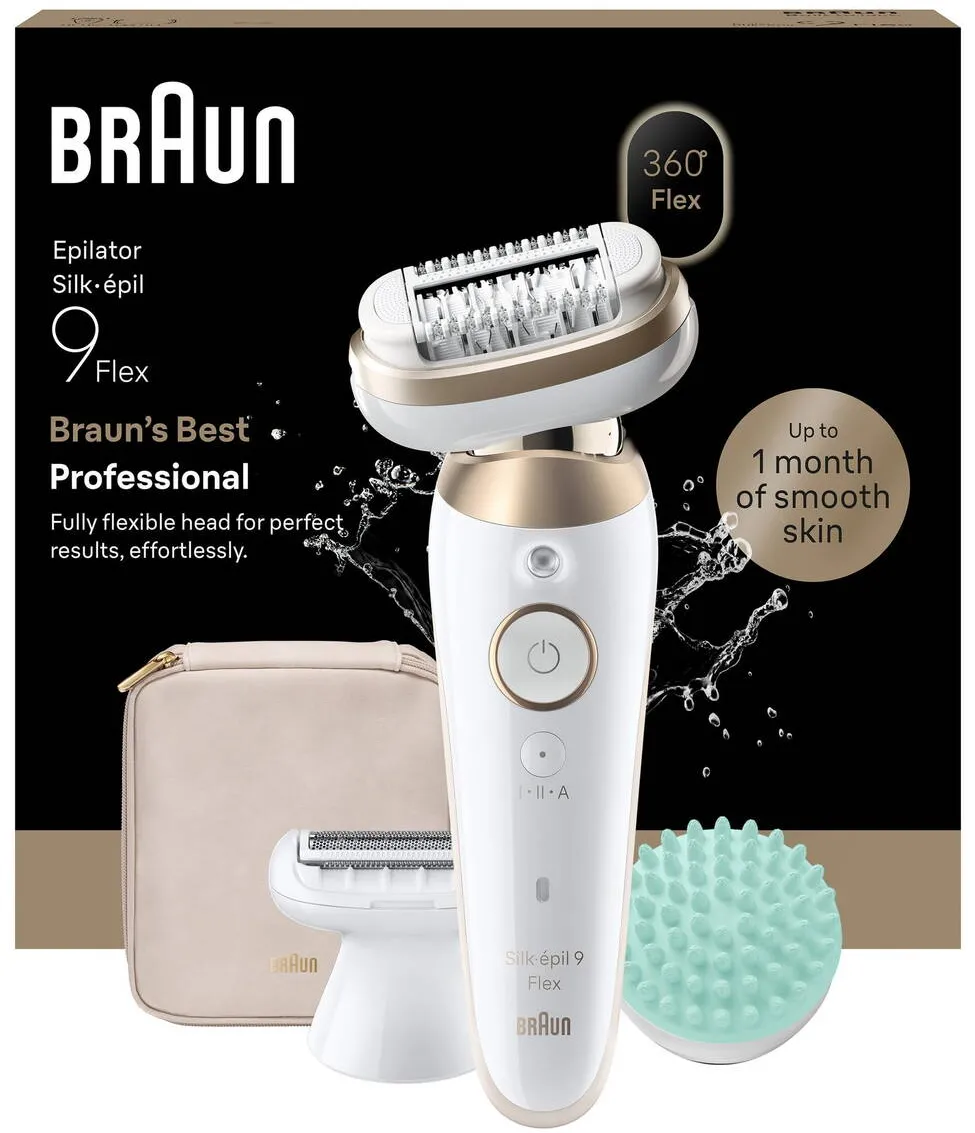 BRAUN Epilator Braun Silk-épil 9 9-071 3D Flex 360°, Wet & Dry, Smart Touch, 40 de pensete, 2 viteze, Cap de ras + Pieptene pentru tuns, Cap de masaj, Geanta de voiaj, Alb/Auriu