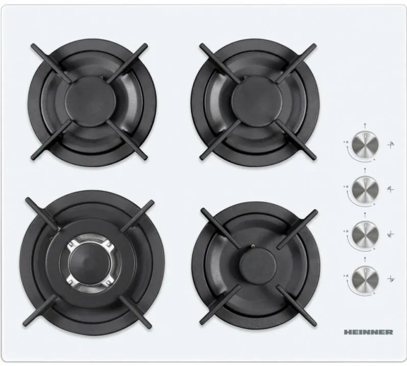 Plita HEINNER incorporabila HBH-V4IWF-GWH, Gaz, 4 arzatoare, Aprindere electrica integrata, Control lateral, Gratar fonta, Wok, 60 cm, Alb