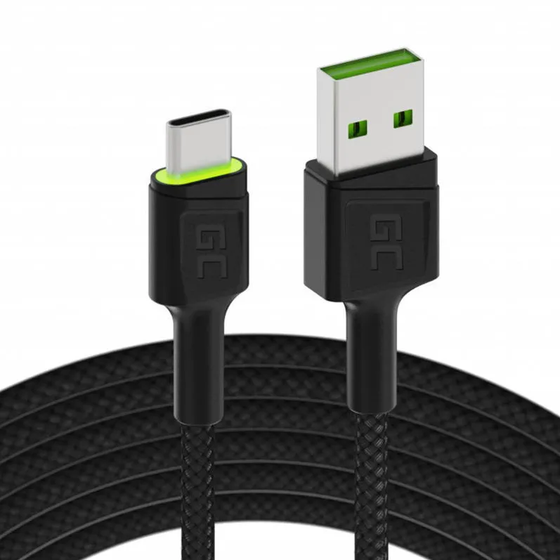 Cablu de Date Green Cell USB - USB-C GC Ray, 120cm, Verde LED, with Ultra Charge, QC 3.0