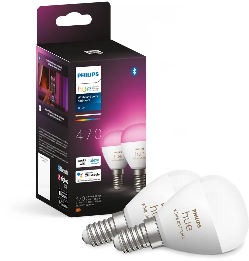 Philips 2 Becuri LED RGB inteligente P45, Bluetooth, E14, 5.1W, 470 lm, lumina alba si color (2000-6500K)