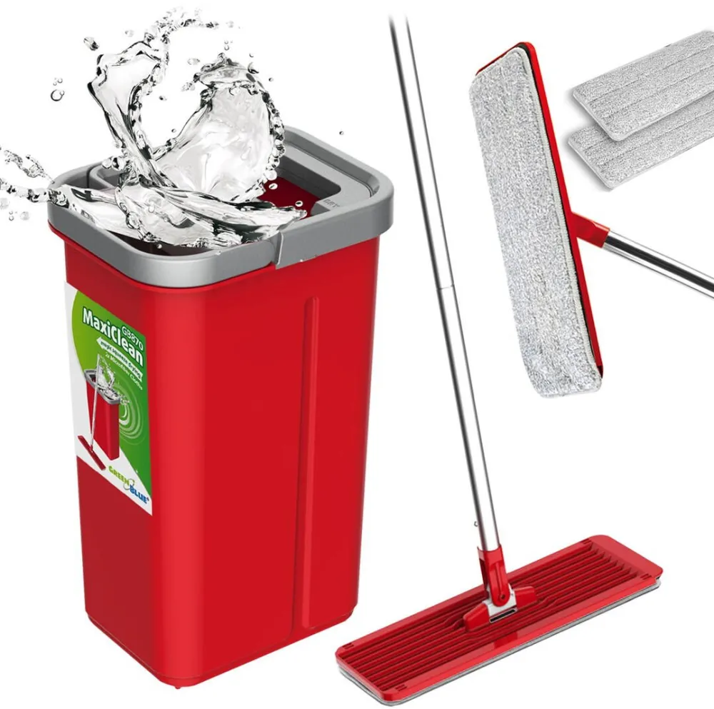 GREENBLUE Flat Mop + Bucket + Telescopic Pole + 2 x Microfibre Pad 5.7L Floor Cleaning XXL Set Rotating Head