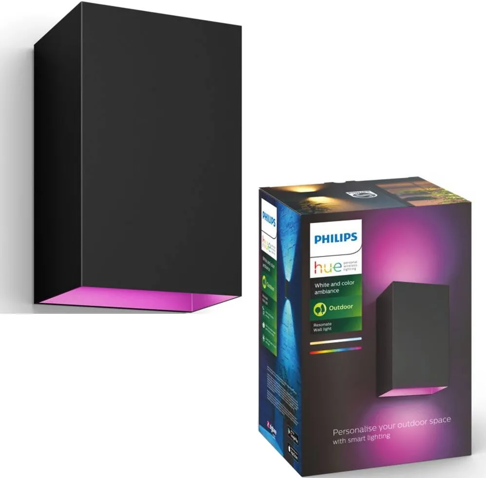 Philips Aplica LED pentru exterior Philips Hue Resonate, 8W, lumina alba si colorata (2000-6500K), IP44, 18cm, Aluminiu, Negru, clasa energetica G