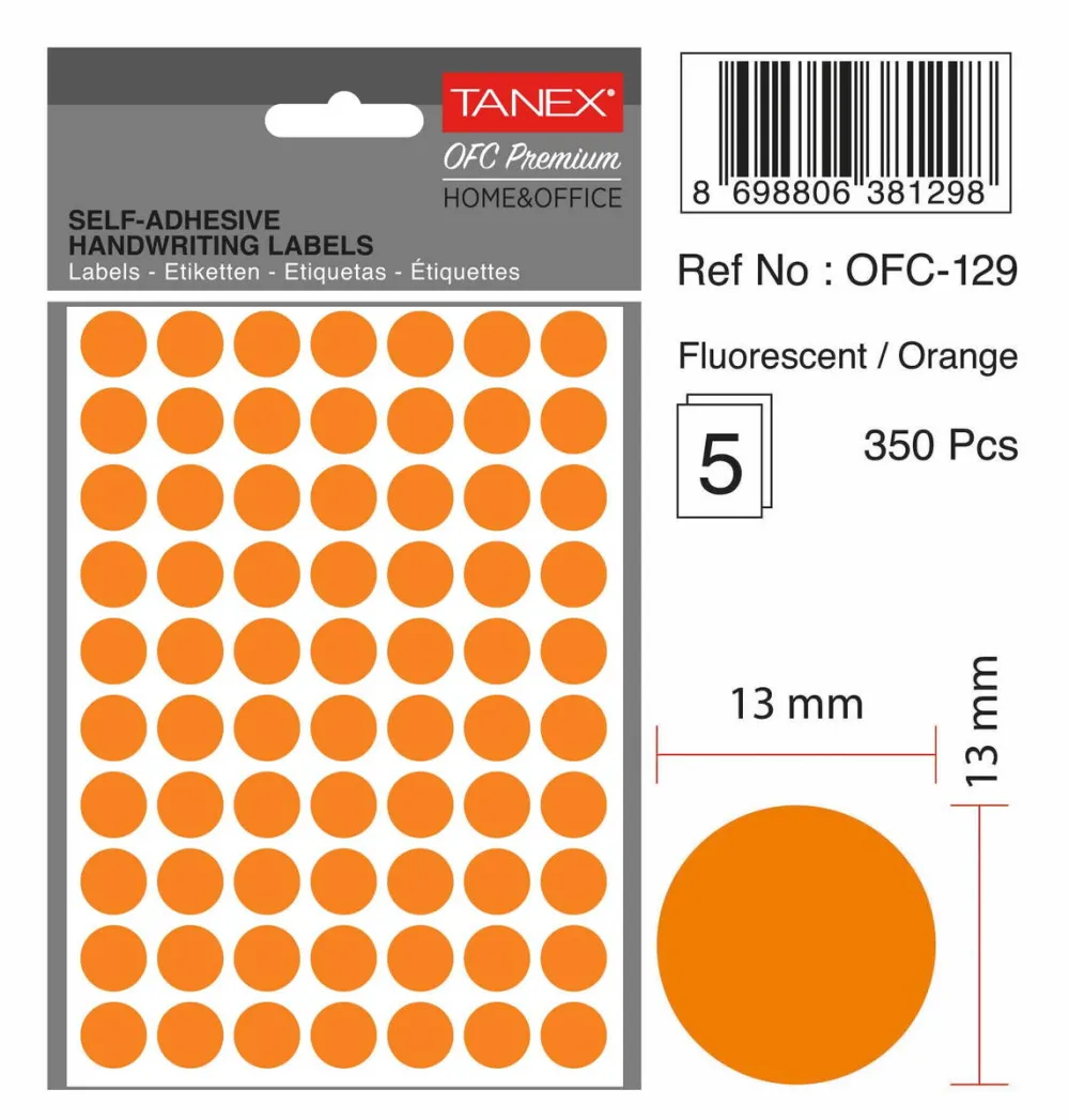Tanex Etichete autoadezive rotunde, D13 mm, 350 buc/set, TANEX, portocaliu