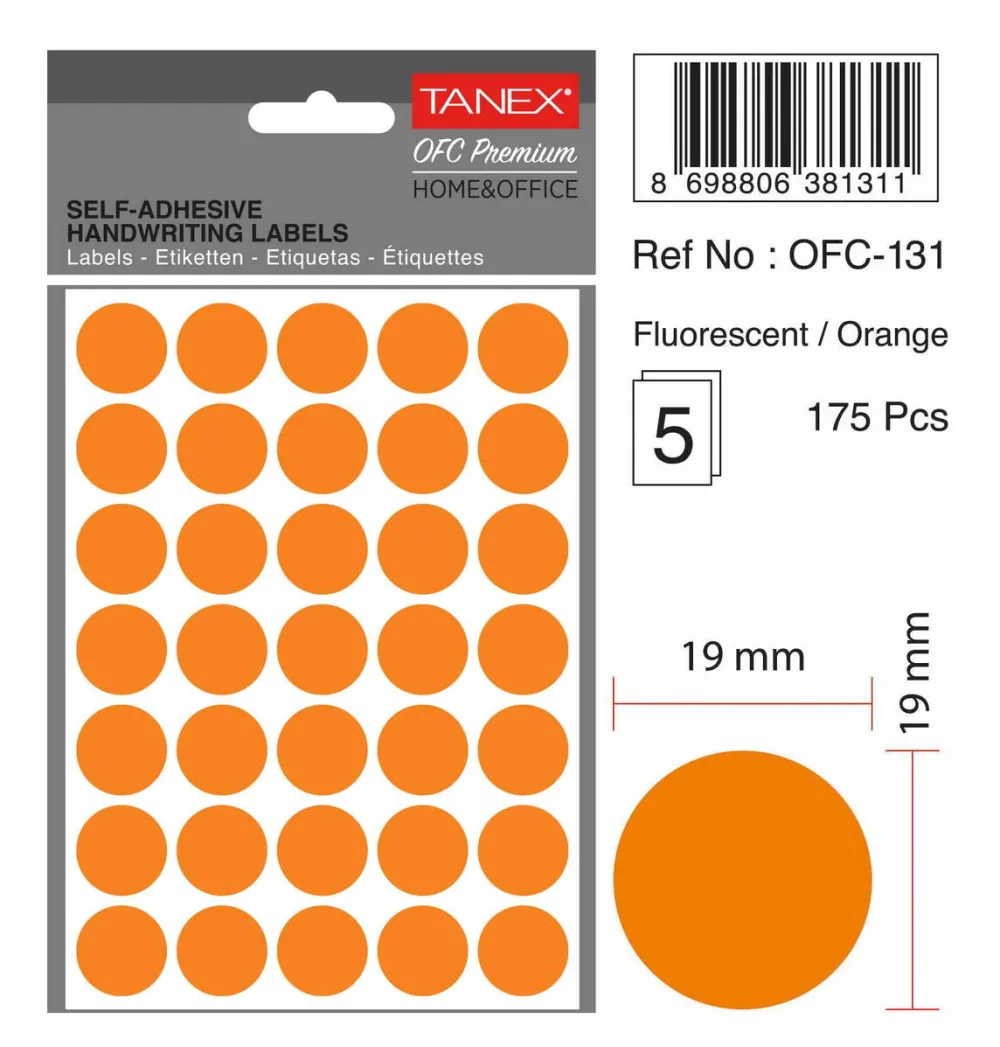 Tanex Etichete autoadezive rotunde, D19 mm, 175 buc/set, TANEX, portocaliu