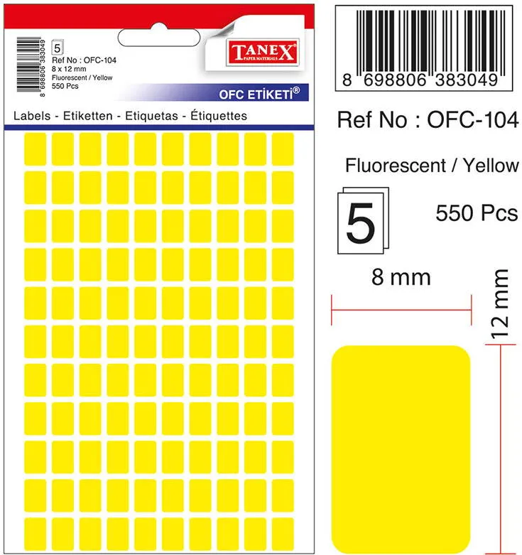 Tanex Etichete autoadezive, 8 x 12 mm, 550 buc/set, TANEX, galben fluorescent
