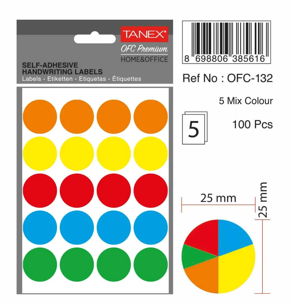 Tanex Etichete autoadezive rotunde, D25 mm, 100 buc/set, TANEX, culori fluorescente asortate