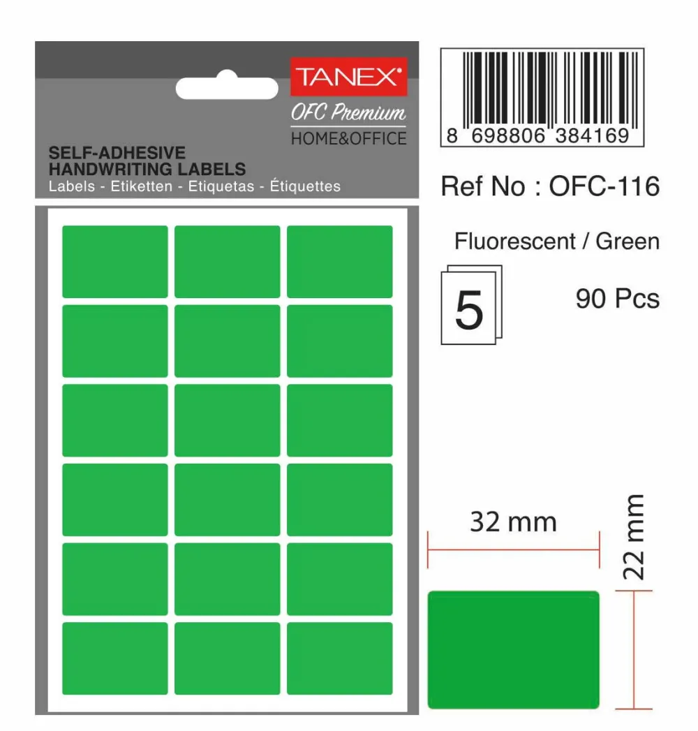 Tanex Etichete autoadezive, 22 x 32 mm, 90 buc/set, TANEX, verde fluorescent