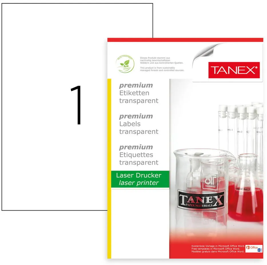 Tanex Etichete transparente autoadezive, 1/A4, 210 x 297mm, 25 coli/top, TANEX - colturi drepte