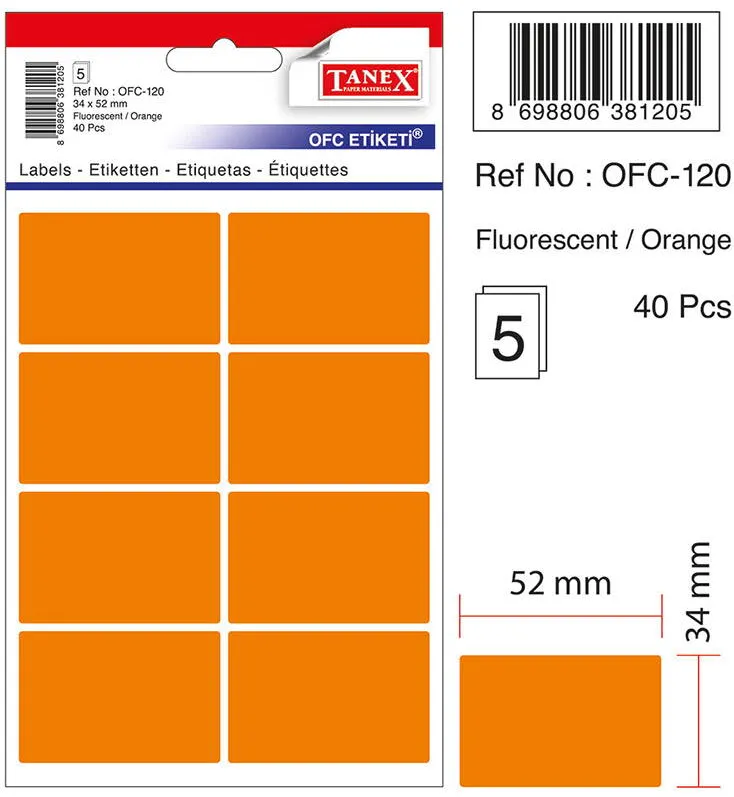 Tanex Etichete autoadezive, 34 x 52 mm, 40 buc/set, TANEX, portocaliu fluorescent