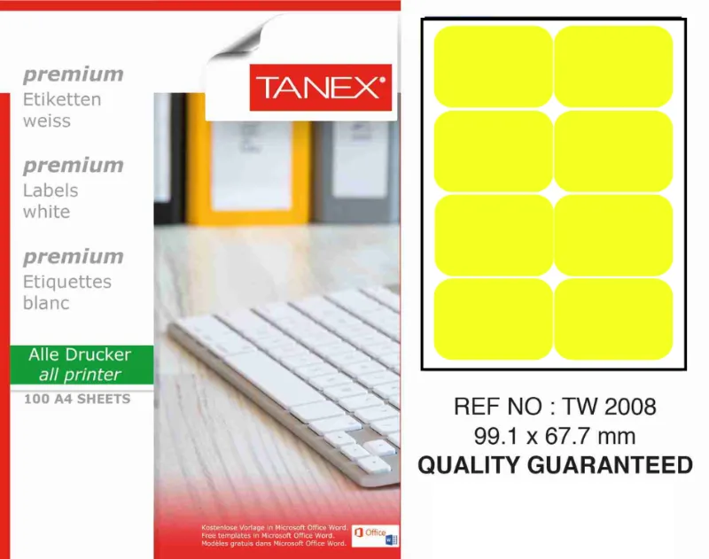 Tanex Etichete color autoadezive, 8/A4, 99.1 x 67.7mm, 25 coli/top, TANEX, galben fluorescent