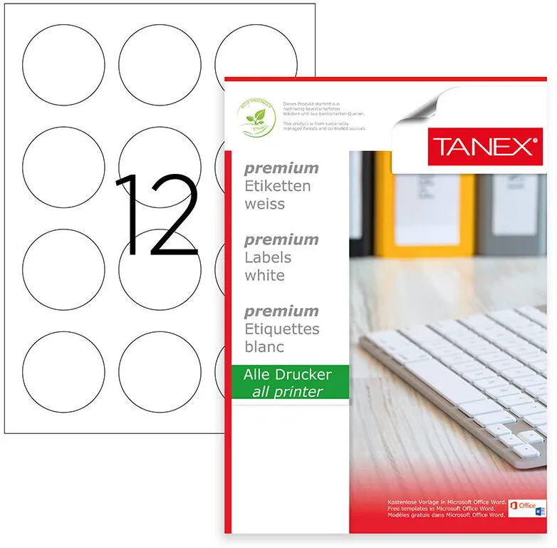 Tanex Etichete albe autoadezive, repozitionabile, rotunde, D60mm, 12/A4, 25 coli/top, TANEX