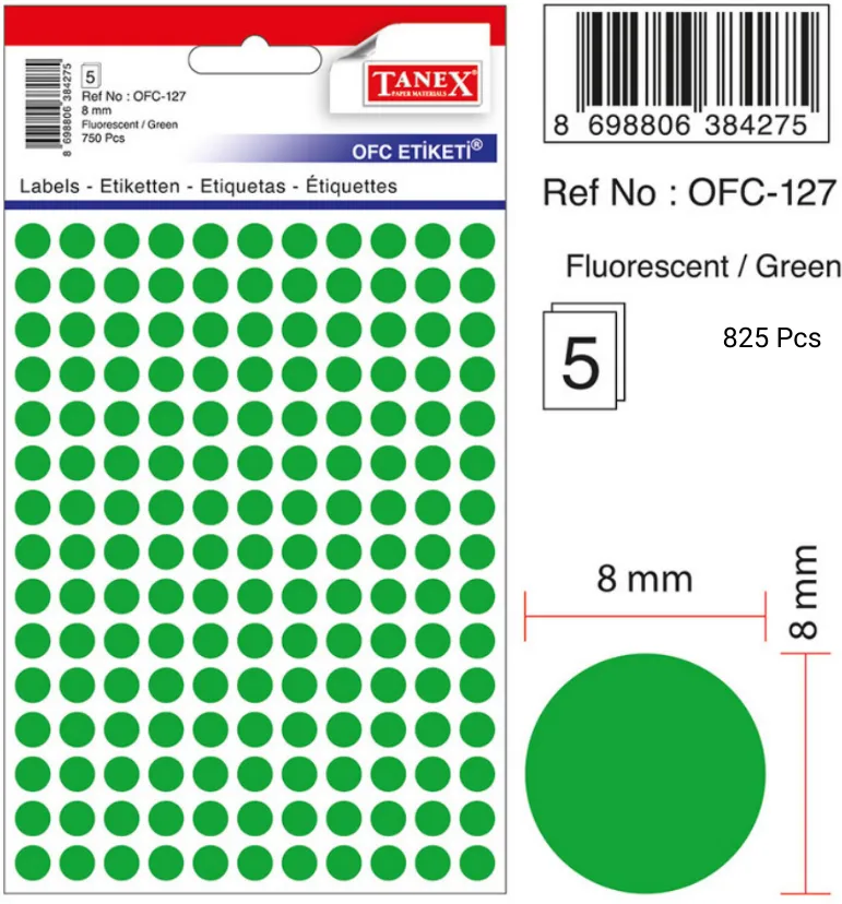 Tanex Etichete autoadezive rotunde, D 8 mm, 750 buc/set, TANEX, verde