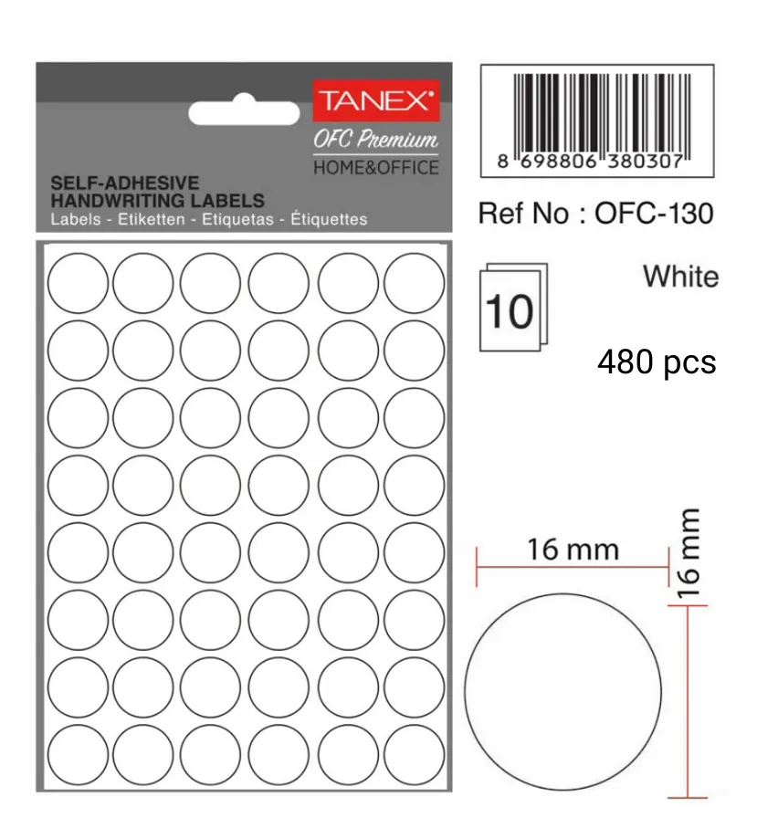 Tanex Etichete autoadezive rotunde, D16 mm, 480 buc/set, TANEX, alb