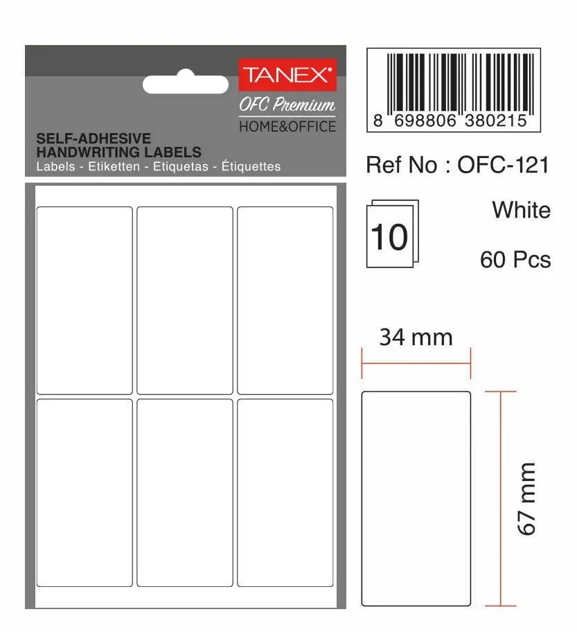 Tanex Etichete autoadezive, 34 x 67 mm, 60 buc/set, TANEX, alb