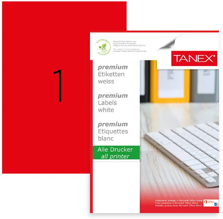 Tanex Etichete color autoadezive, 1/A4, 210 x 297mm, 25 coli/top, TANEX, rosu fluorescent