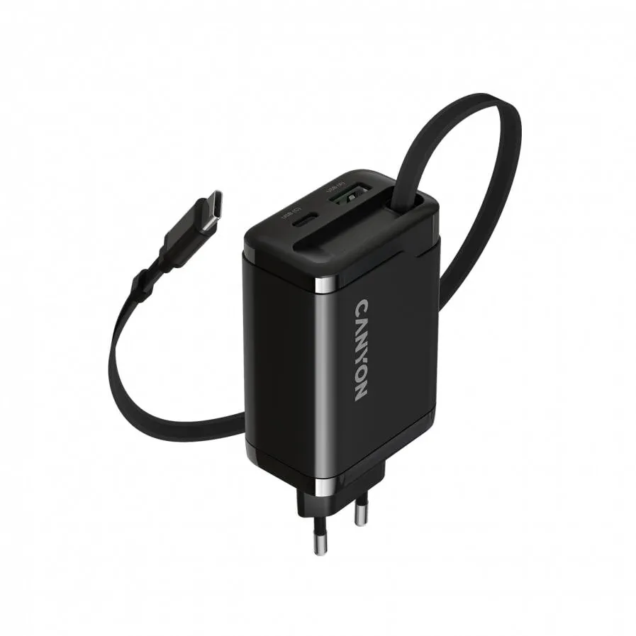CANYON Incarcator Retea Canyon OnCharge 65RC, 65W, Cablu USB-C Integrat, 1x Port USB-C PD, 1x Port USB-A QC, Negru