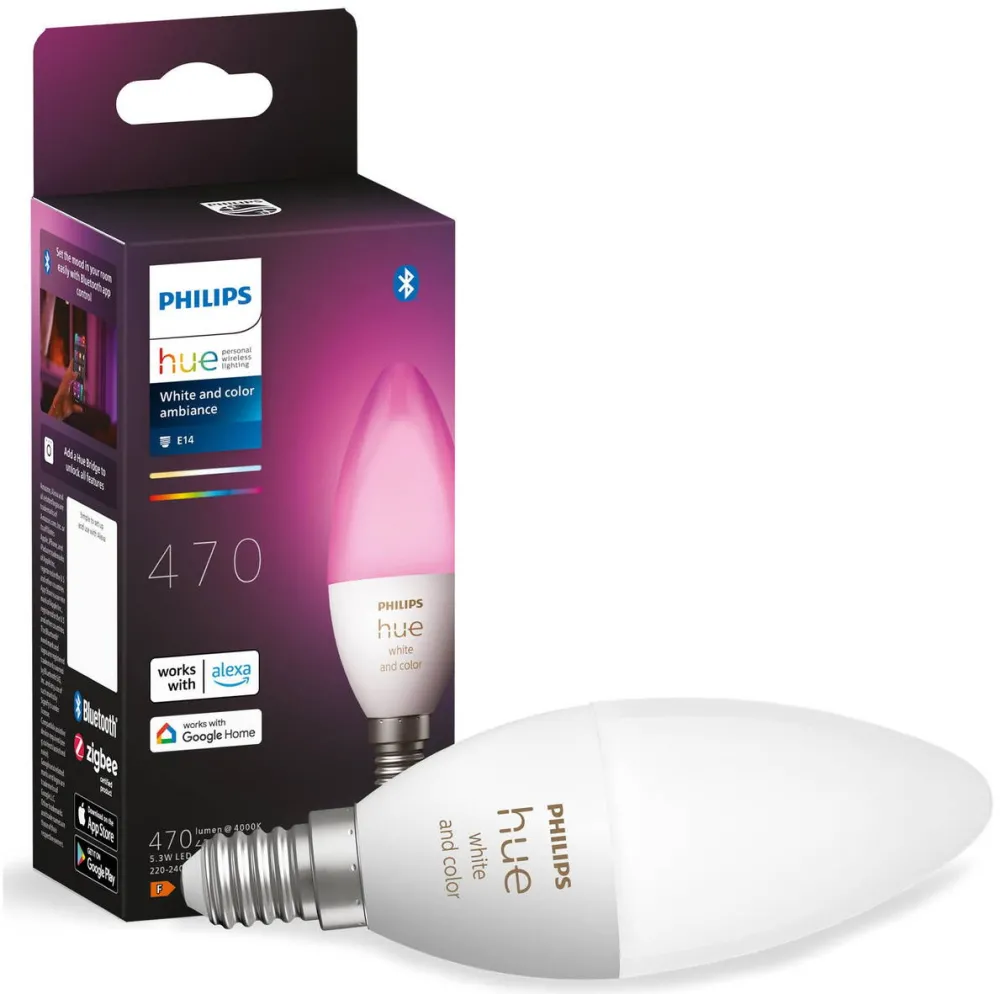 Philips Bec LED RGB inteligent Philips Hue B39, Bluetooth, Zigbee, E14, 5.3W (25W), 470 lm, lumina alba si color, clasa energetica F