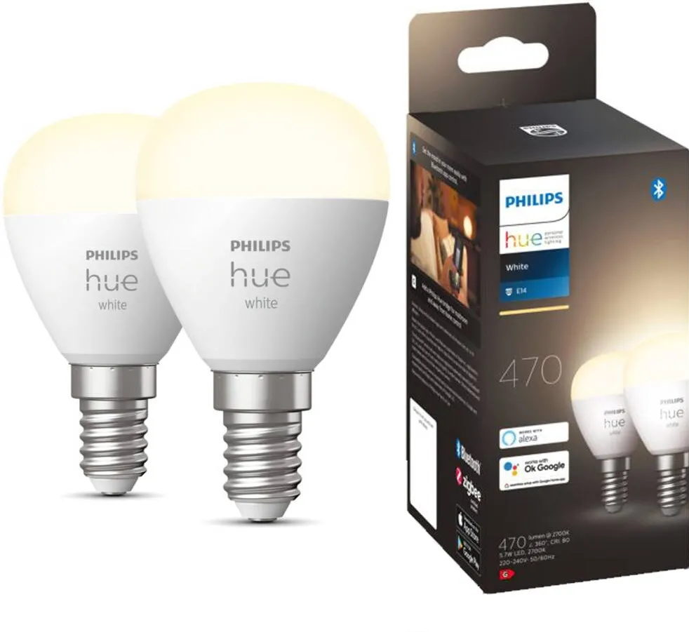 Philips Pachet 2 becuri LED inteligente Philips Hue P45, Bluetooth, Zigbee, lustra, E14, 5.7W, 470 lm, lumina alba calda (2700K), clasa energetica G
