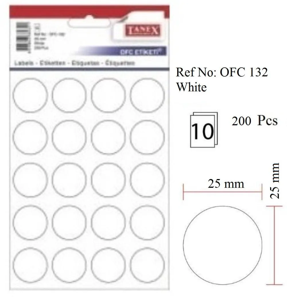 Tanex Etichete autoadezive rotunde, D25 mm, 200 buc/set, TANEX, alb