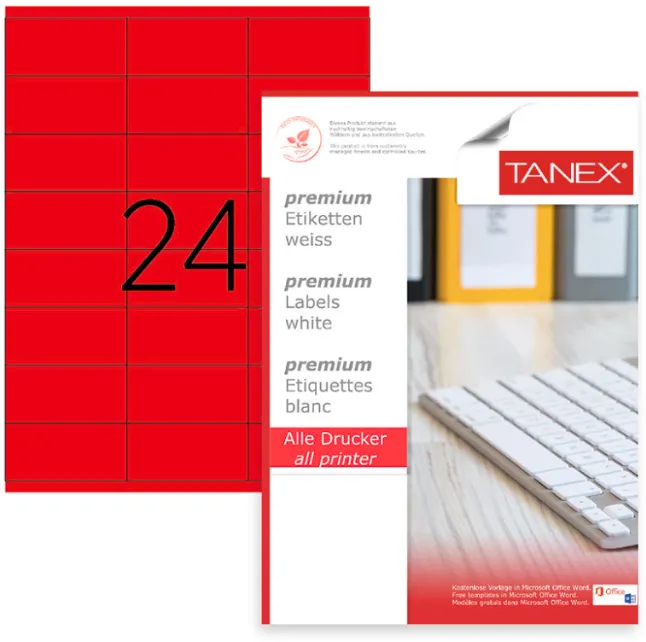 Tanex Etichete color autoadezive, 24/A4, 64 x 34mm, 25 coli/top, TANEX, rosu fluorescent