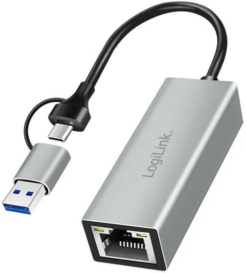 Adaptor Wireless Logilink Adaptor USB-C la Gigabit Ethernet Logilink, 2-in-1, gri, 1xLAN