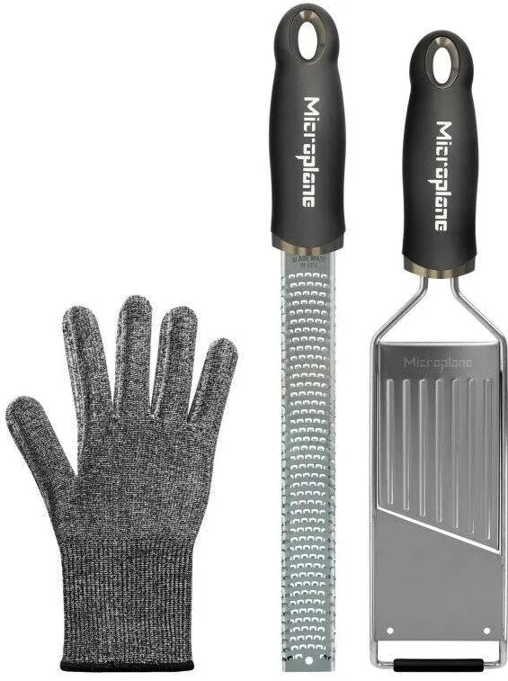 Microplane Set de ustensile de bucatarie Gourmet, razatoare Zester, mandolina, manusa de protectie, negru, dimensiuni 32,5x3,5x3cm, 31,5x7,5x3cm