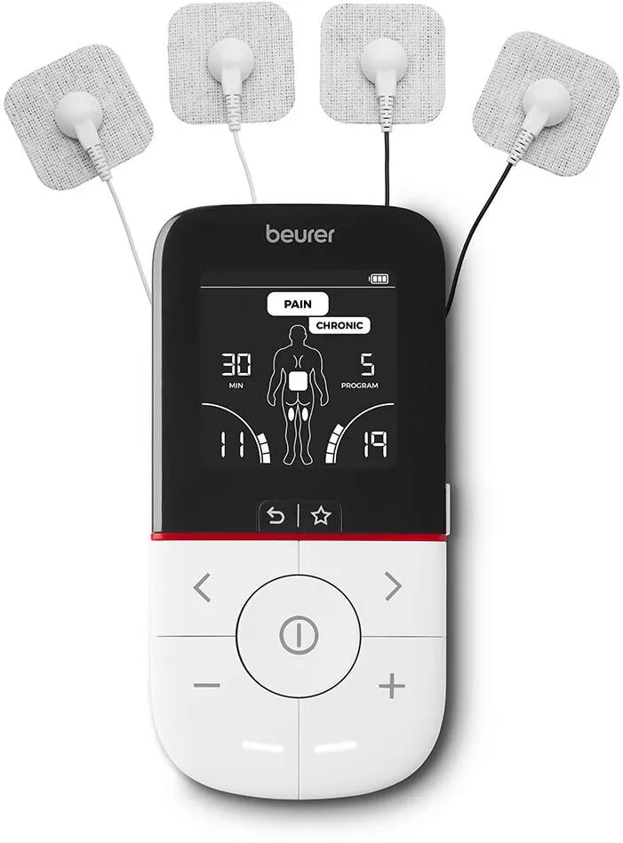 Beurer Dispozitiv digital TENS/ EMS EM 56, 3 functii, stimulare electrica musculara (EMS), 22 de programe presetate, 2 canale cu reglare individuala, 4 electrozi autoadezivi, lema practica pentru curea, blocare a tastelor